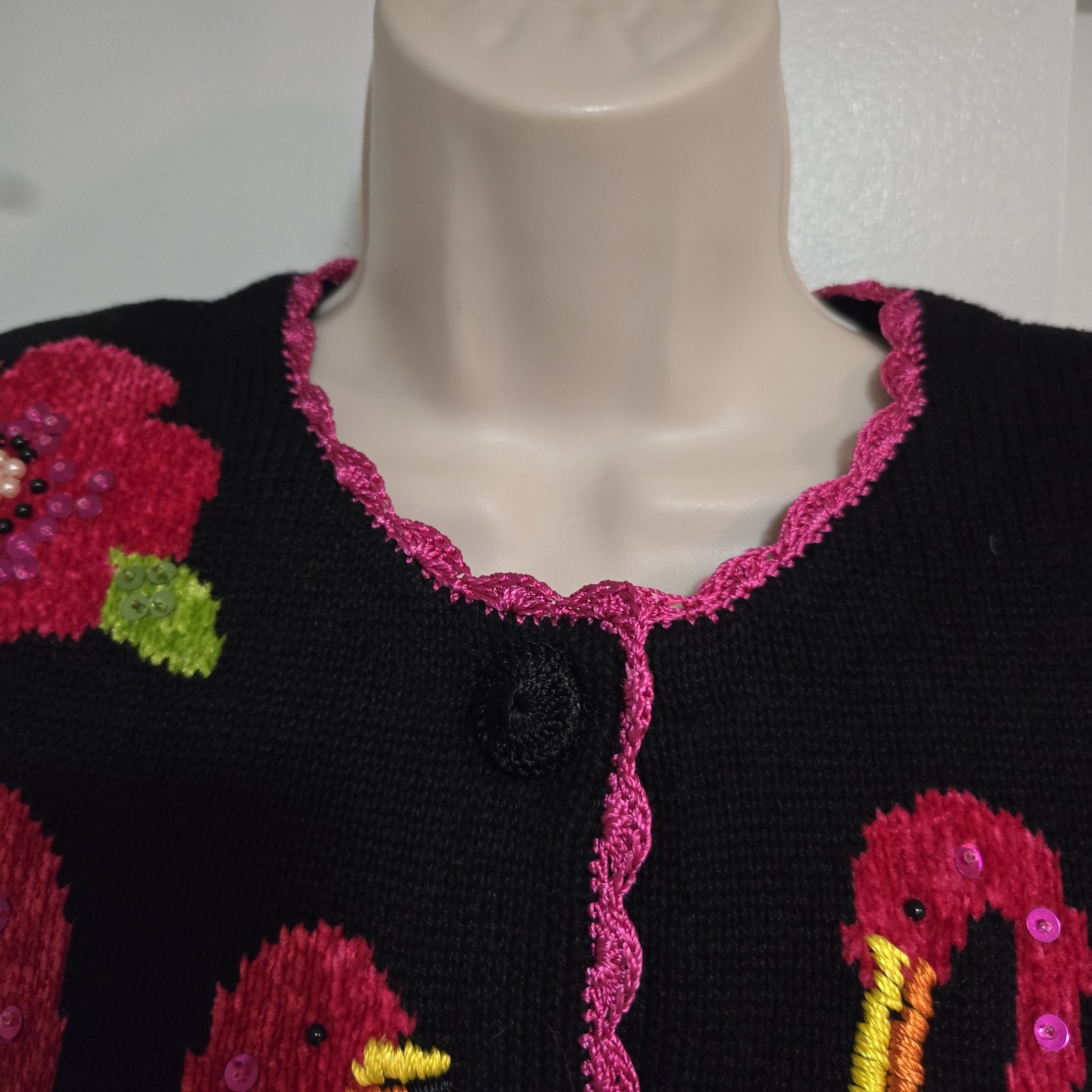 Victoria Harbour Size S Cardigan Sweater Black Pink Flamingo Beaded NEW