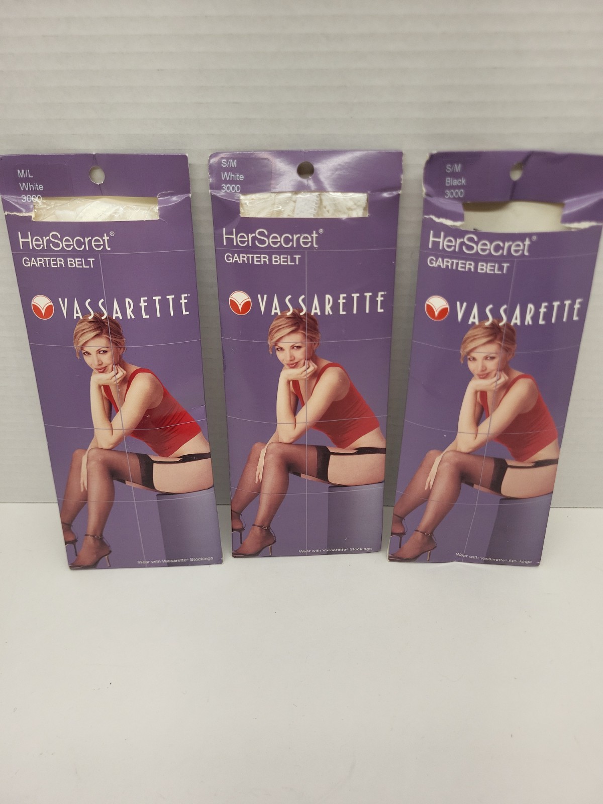 Lot of 3 Vassarette Black Silky Sheer Stockings & 3 Garter Belts, 2 White 1 Blk