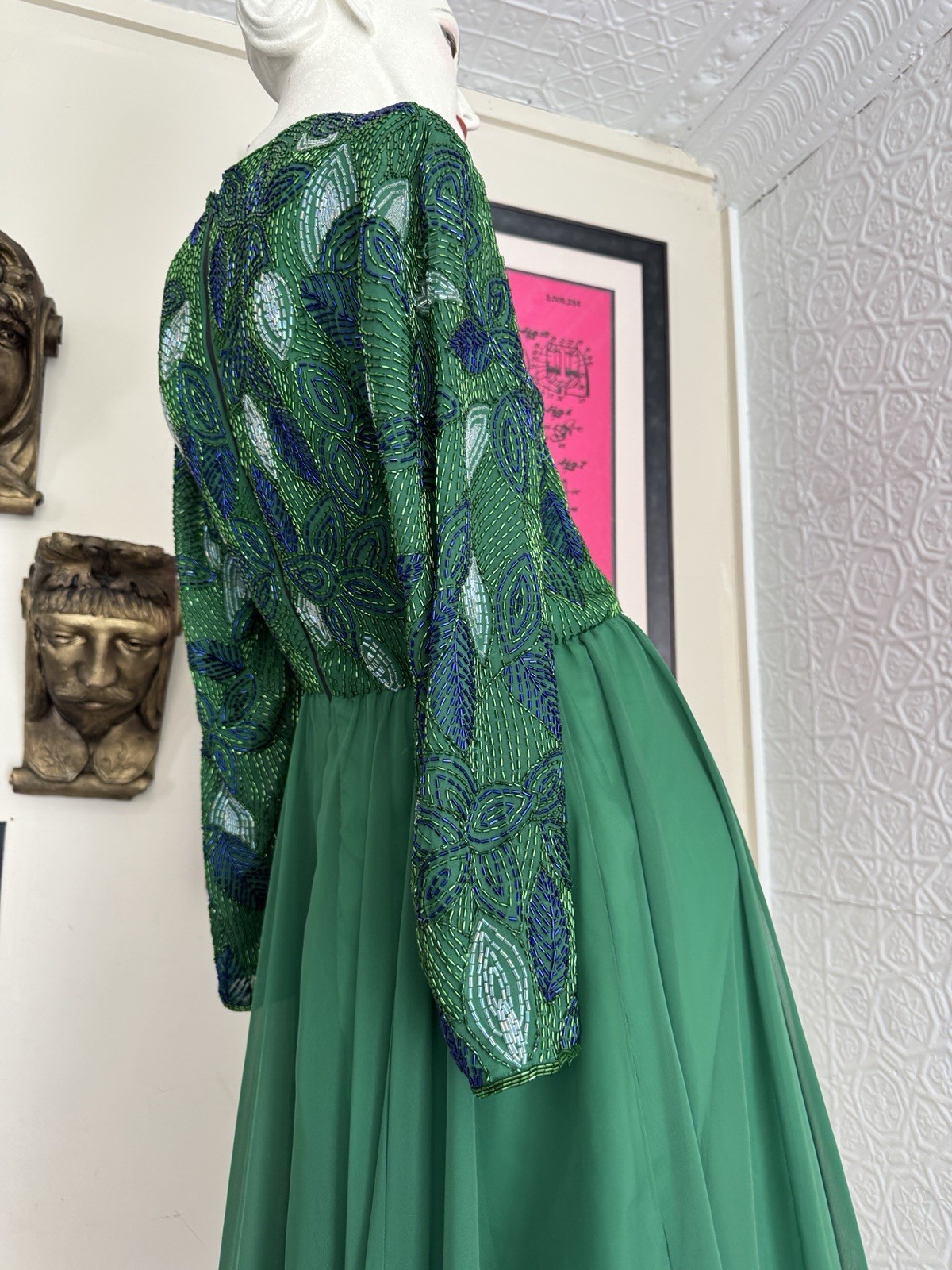1980s Green Beaded Chiffon Cocktail Dress-Floral-Foliage-Glam-Hollywood-S/M