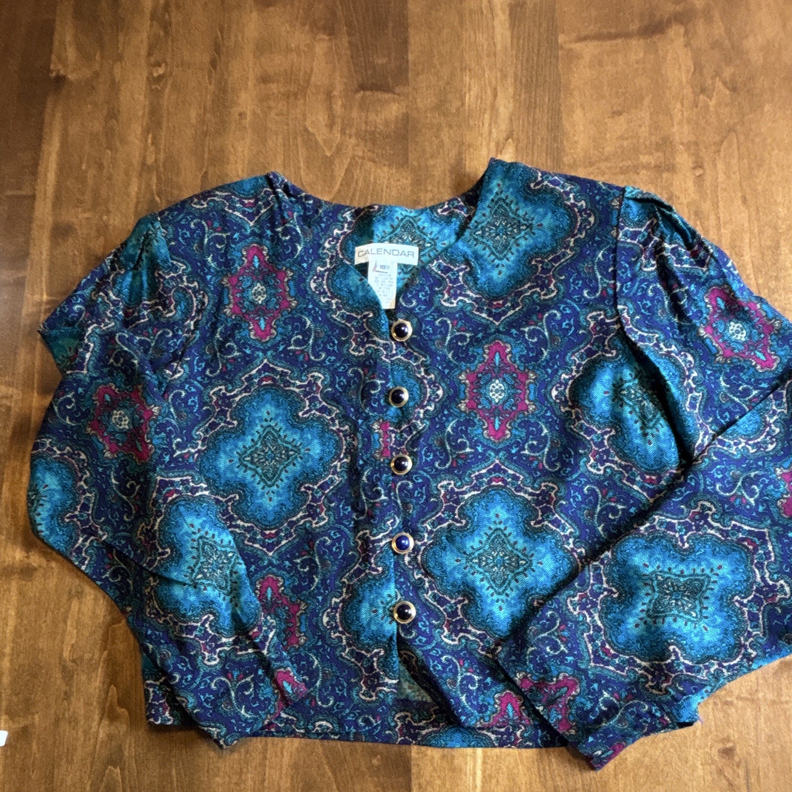 Vintage 80s Jewel Tone Baroque Paisley Blouse Gold Button Top Size 10 M