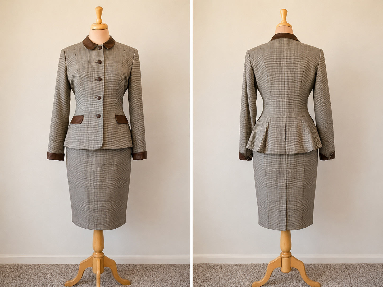 Vintage 90s Norma Kamali 6/8 Houndstooth Peplum Skirt Suit Brown Satin Trim