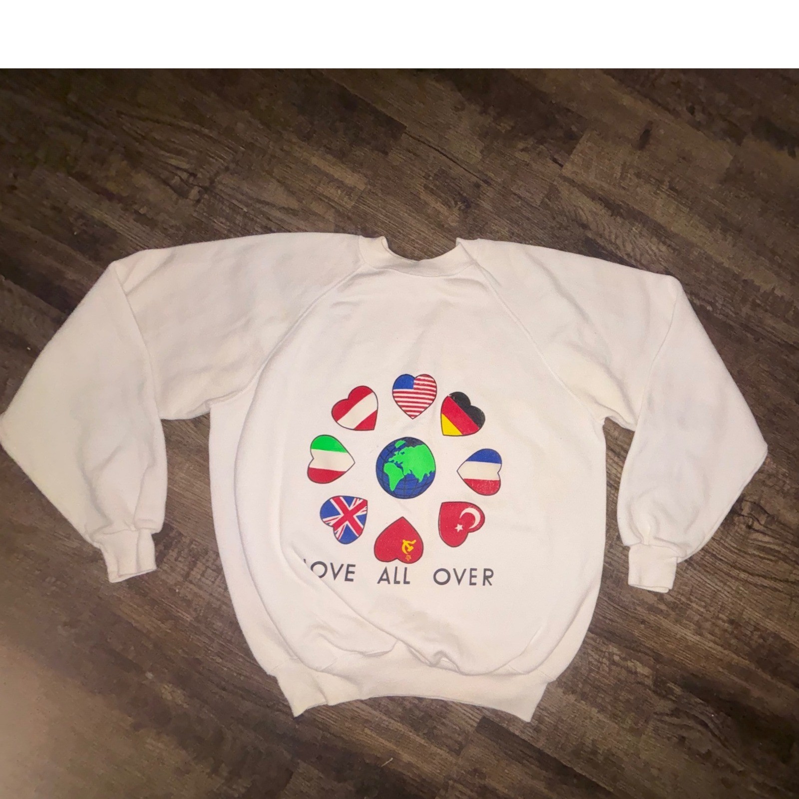Vintage Love All Over International Flags Globe White Raglan Sweatshirt Retro