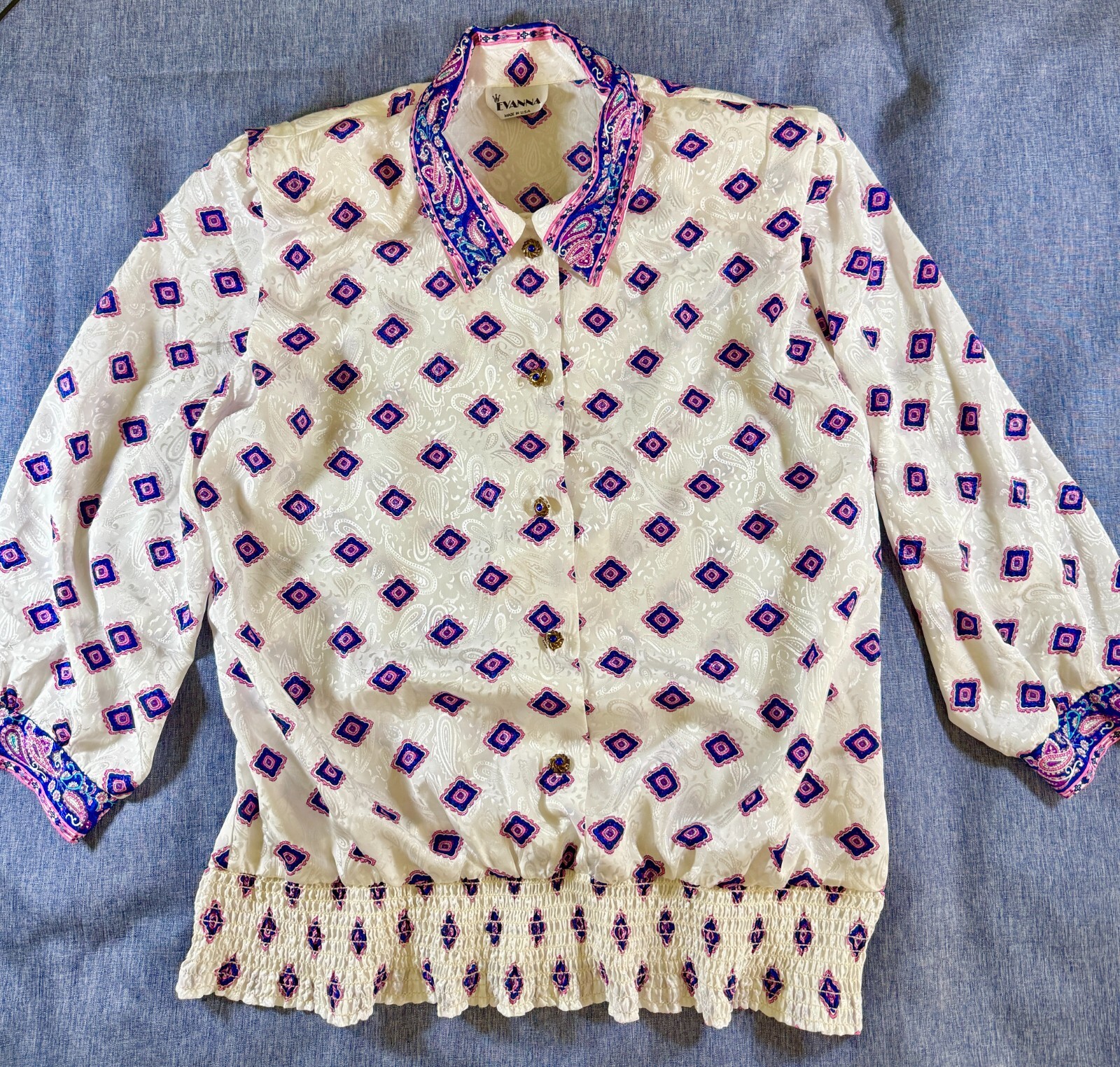 Vintage Evanna Satin Paisley Blouson Blouse Jewel Buttons Size 18 XL