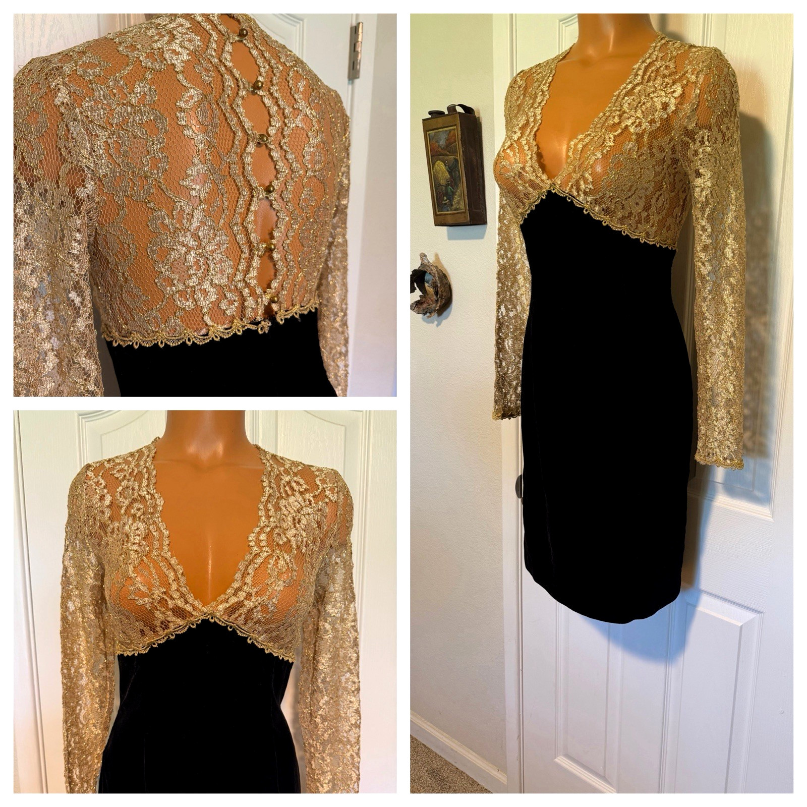 VTG 80’S SCOTT McCLINTOCK BLACK VELVET W/ METALLIC GOLD LACE DRESS SZ 4 (S)