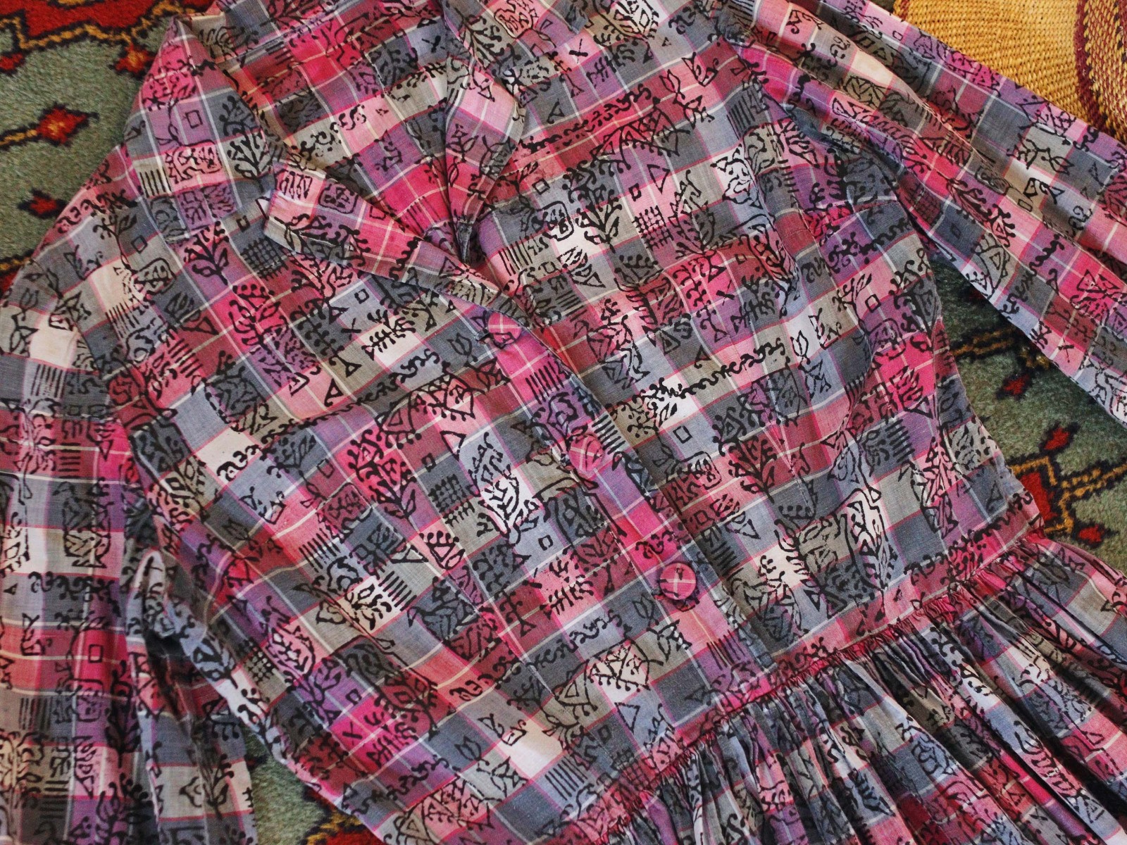 VTG 1950s Shirt Dress Madras Plaid Cotton Indian Tapestry Block printed Collared