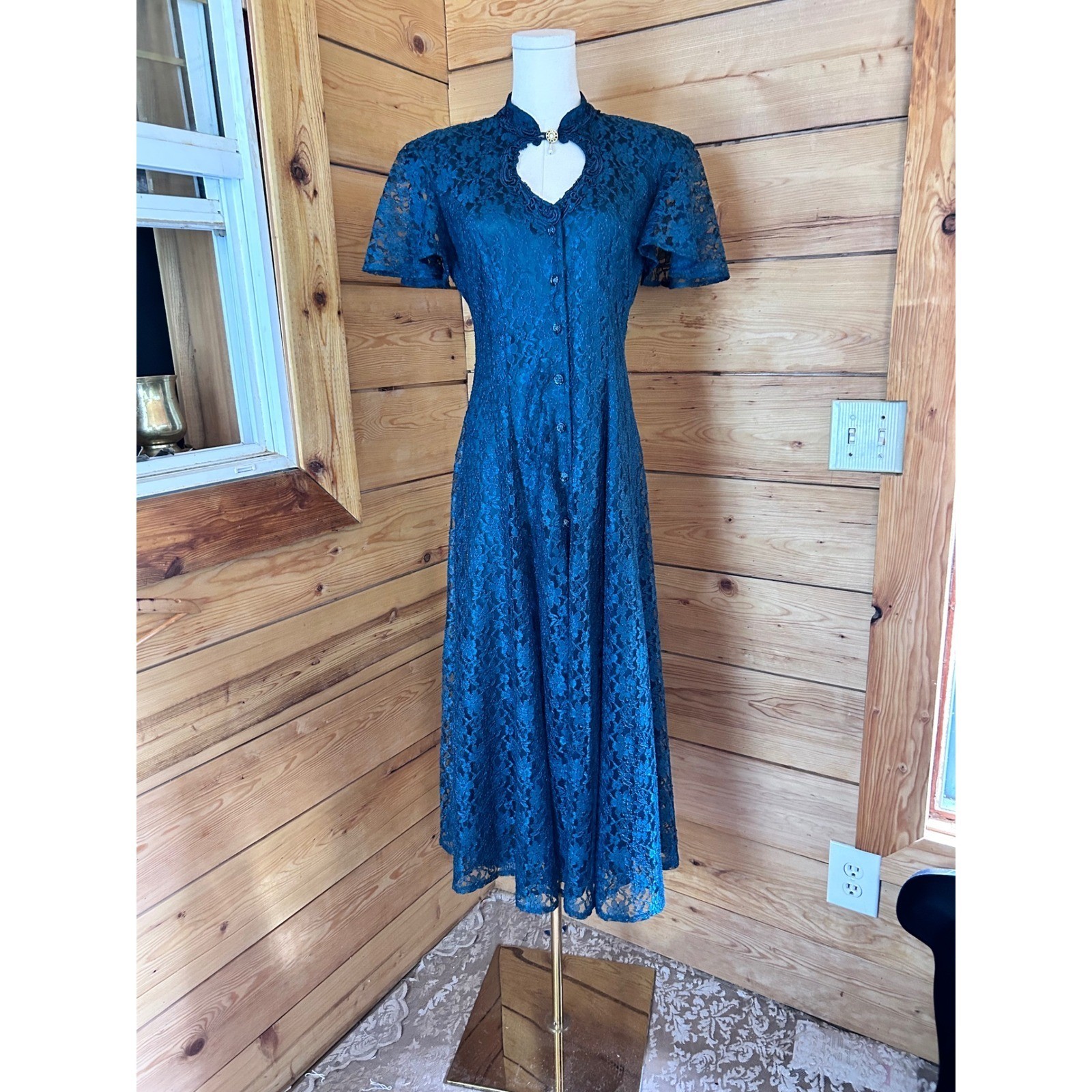 Vintage Lace Midi Dress Women Large Teal Blue Corset Back Keyhole Sheer Overlay