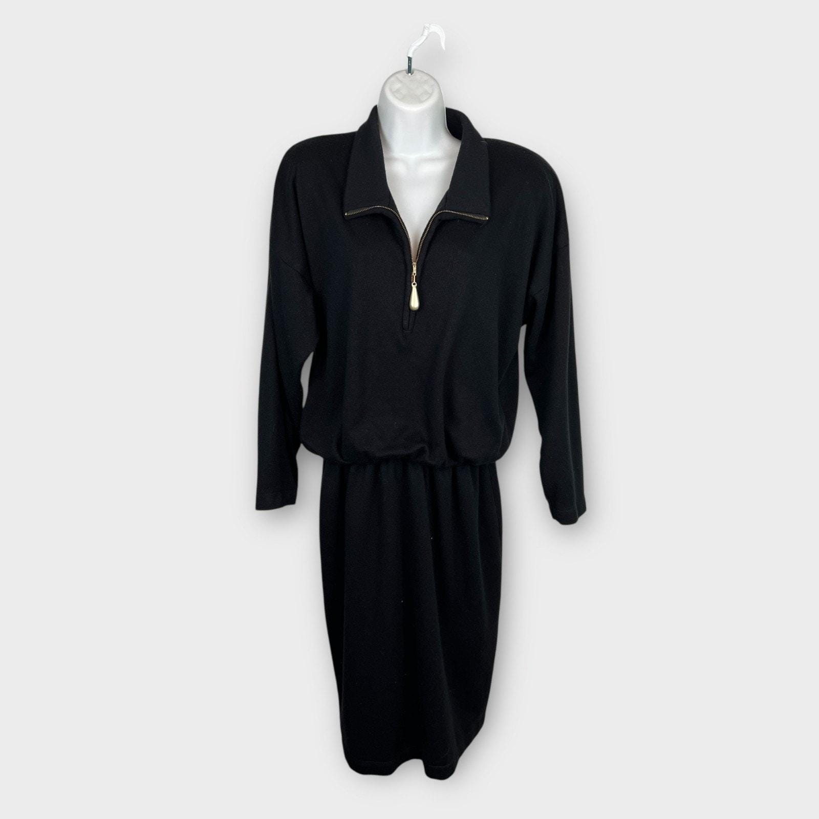 Virgo II Terry Knit Zip Dress Vintage Minimalist Quiet Luxury Black Size 8
