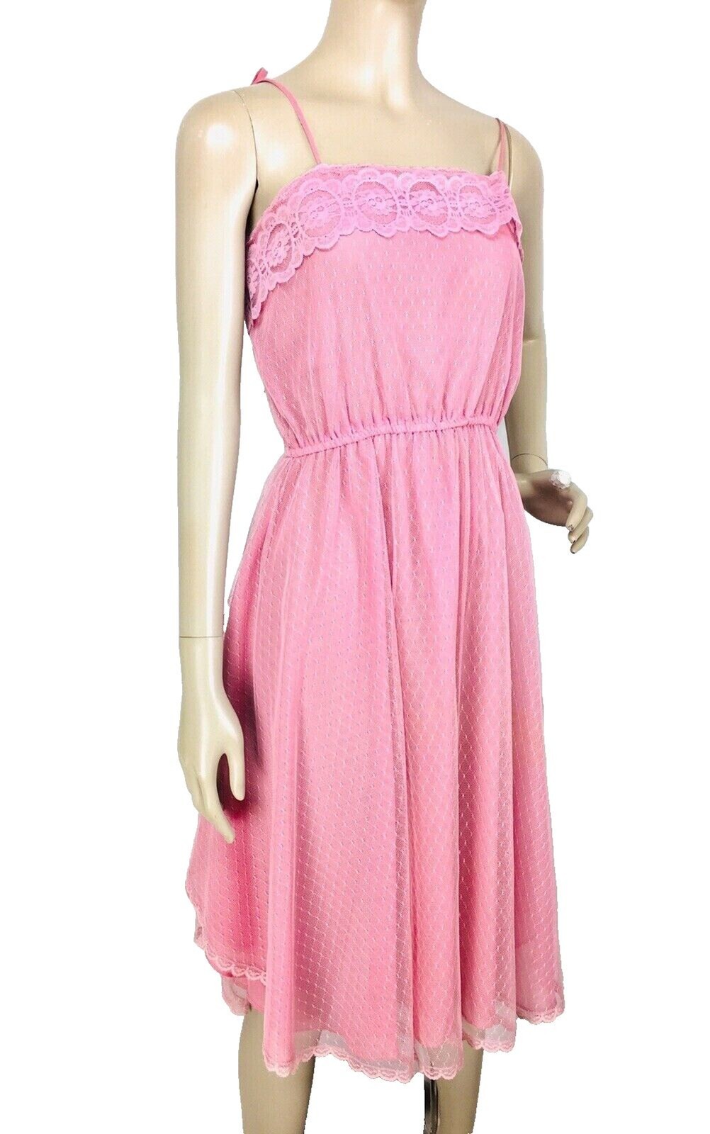 Vintage 70s Pink Tulle Lace Spaghetti Tie-Strap Spring Summer Dress Size XS/S/M