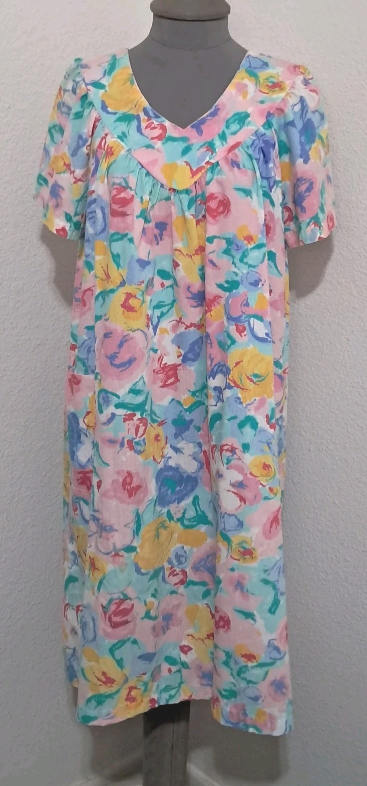 Vintage Cotillion Muumuu House Dress Pastel Watercolor Floral Print Pockets XL