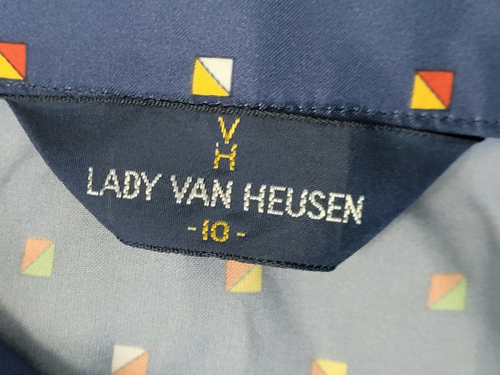 Vintage Lady Van Heusen Blue Short Sleeved Blouse w Multicolored Squares Size 10