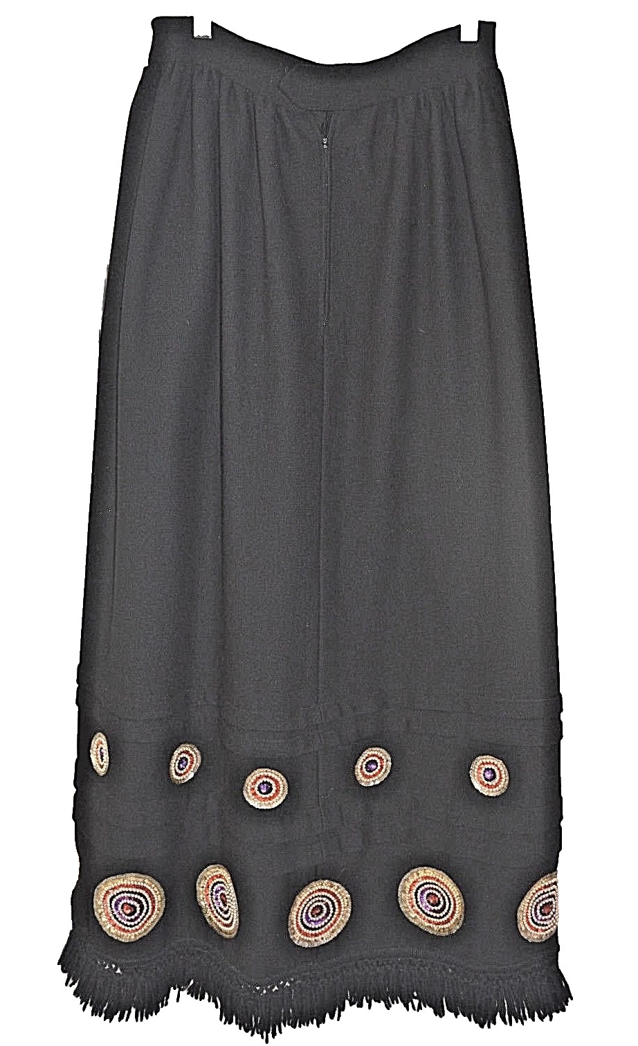 VINTAGE SKIRT LONG LENGTH BLACK FRINGE HEM SEQUIN ACCENTS 1970’s 28″ WAIST