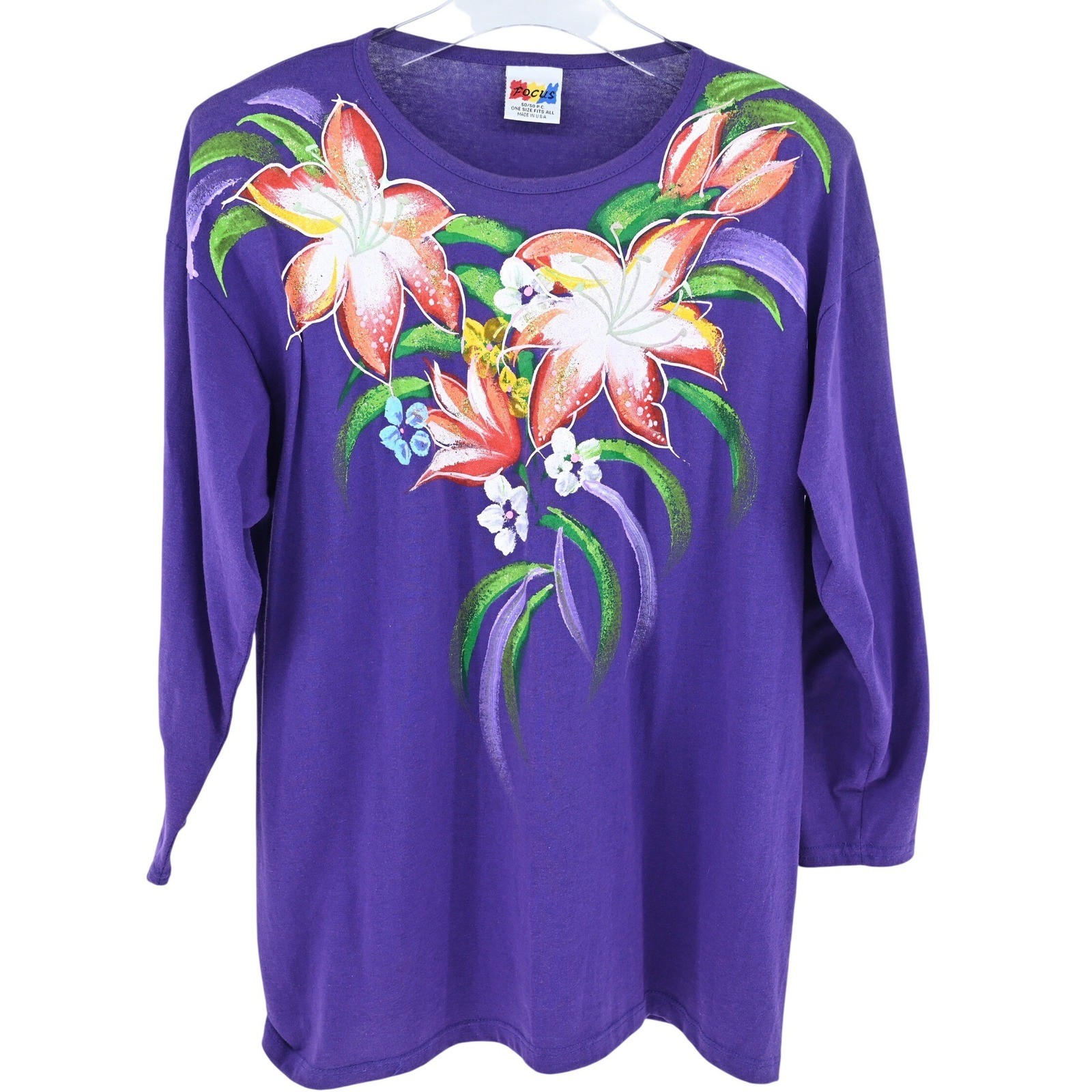 VTG Focus Puff Paint Hand Painted Floral Purple Shirt Womens One Size 90s USA