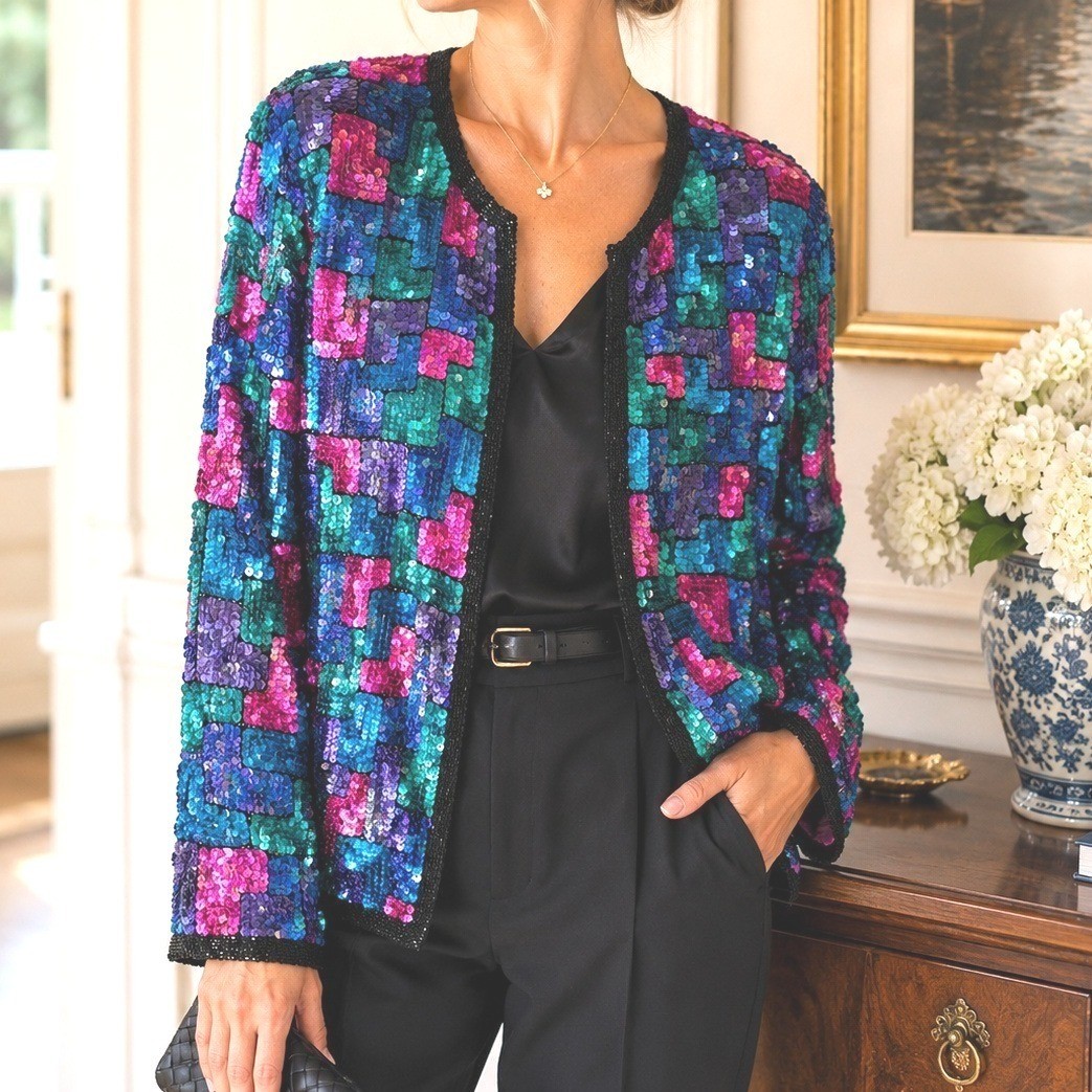 SWEELO Vintage 100% Silk Sequin Jacket Beaded Evening Party Cocktail Holiday