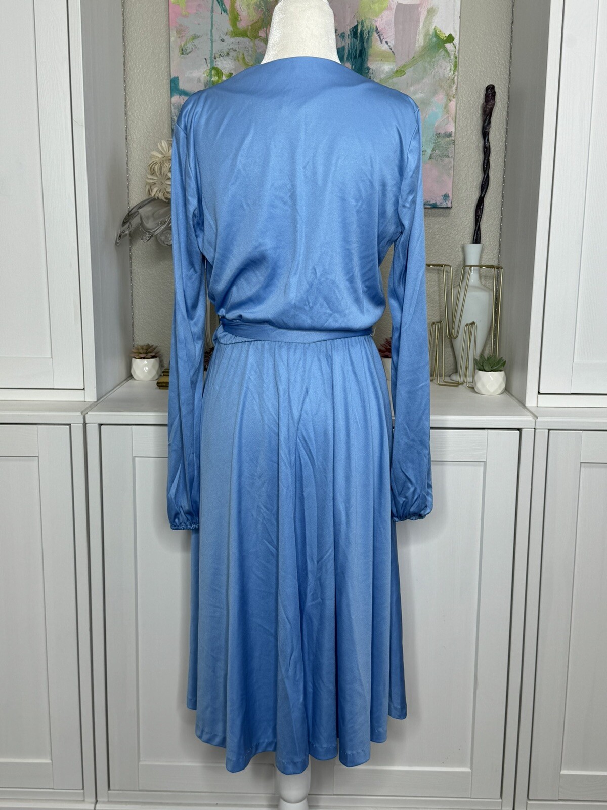 1970s Classic Blue Dress V-neck A-line Waist Tie Vintage Size 9/10