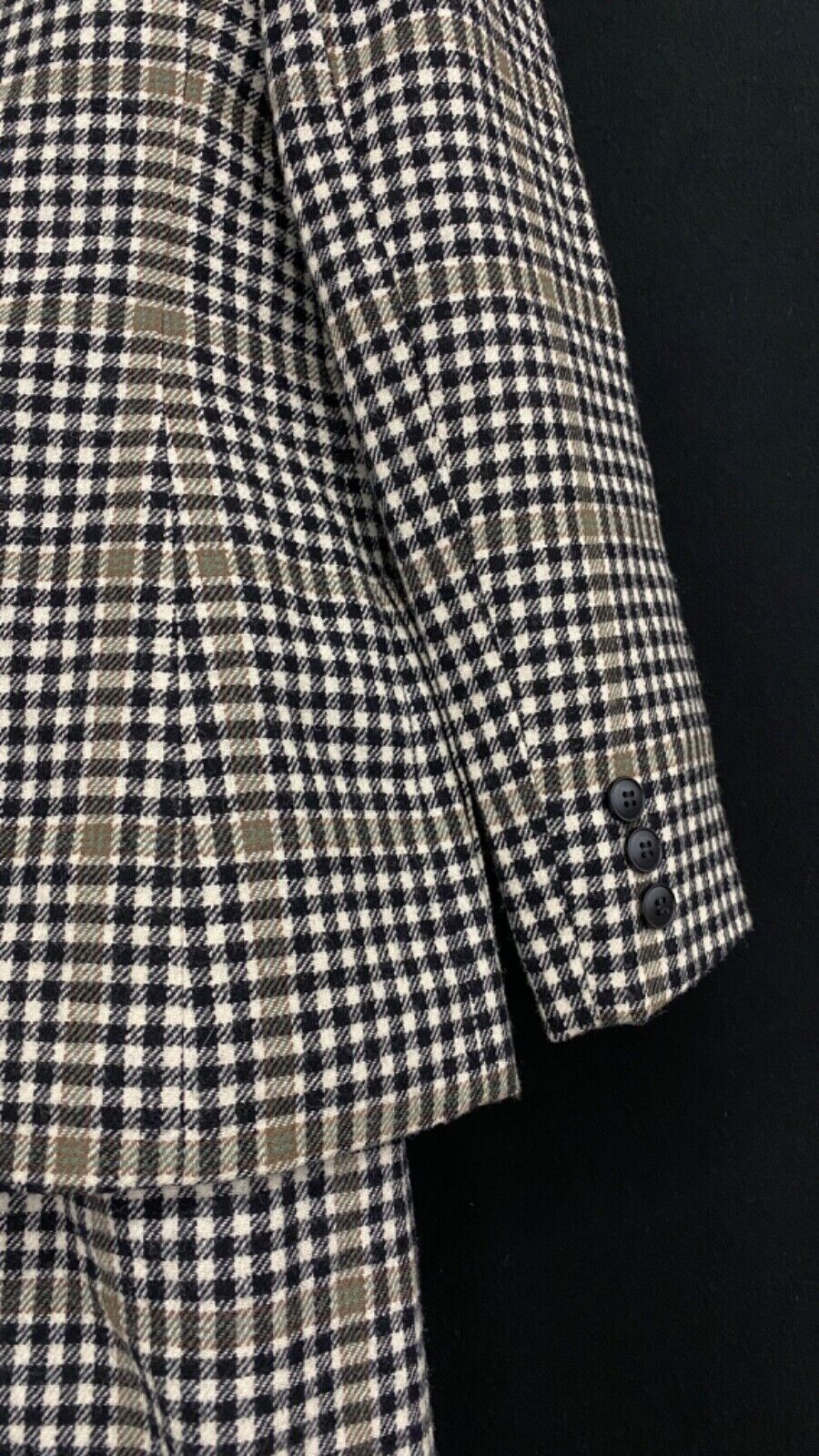 Vintage wool plaid black white gray suit jacket blazer skirt set outfit XS S