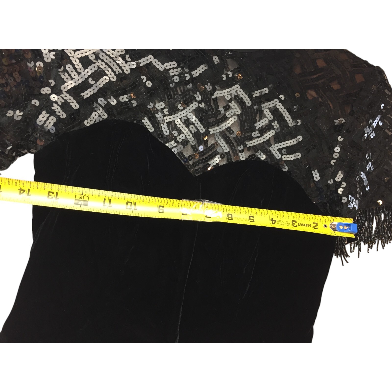 Niki Originals Black Slit Velvet Sequins Beaded Fringe Dress Womens 8 Crew Neck