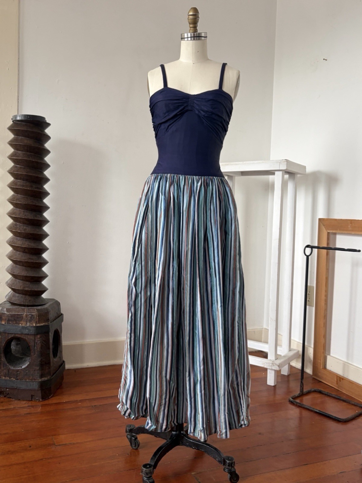 Vintage 40s Rayon Maxi Dress Ruched Bodice Colorful Striped Full Sweep Skirt XXS