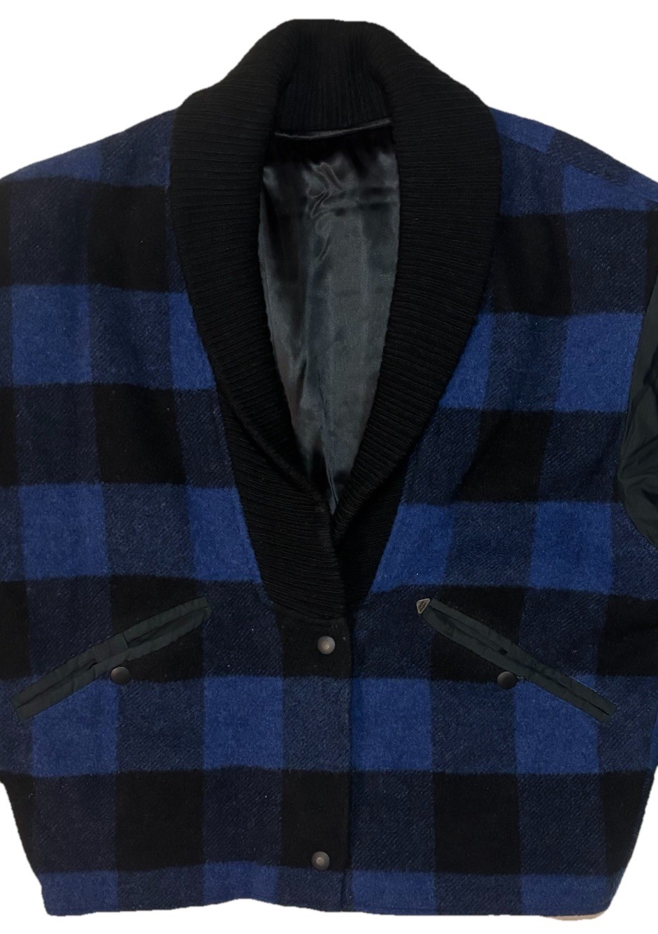 True Vintage 70s 80s Wool Blend Buffalo Check Shawl Collar Snap Jacket Women 42F