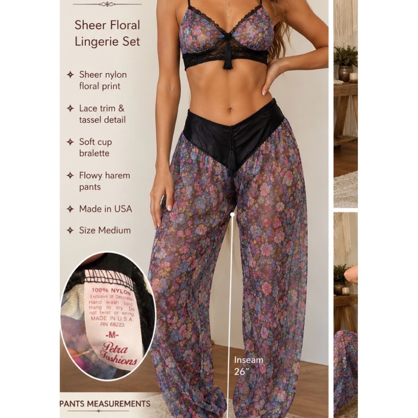 Vintage Petra Fashions Sheer Floral Lingerie Lounge Set Boho Harem Pants USA M