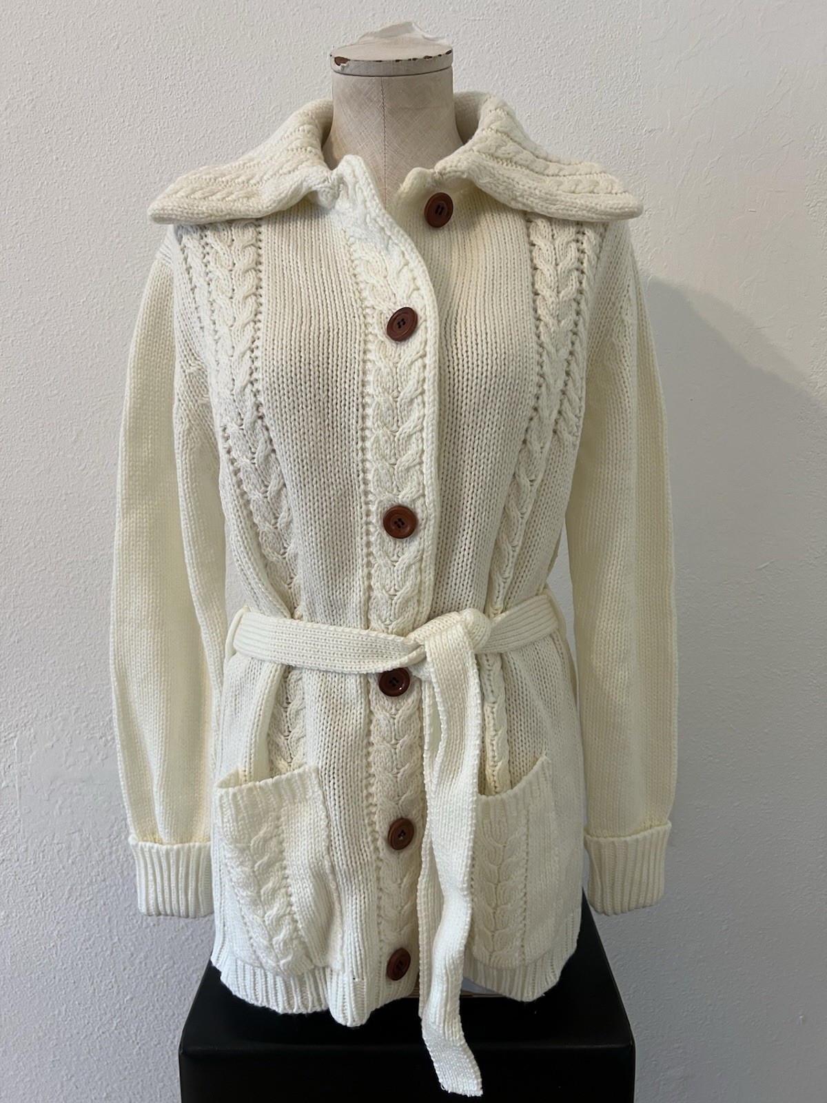 Vintage 70s Cable Knit Cardigan Wood Button Front Tie Waist Cottage Fisherman