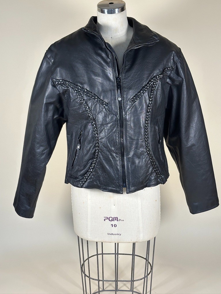 Vintage Leather Club Black Leather Moto Jacket Braided Western Bikers Womens XL