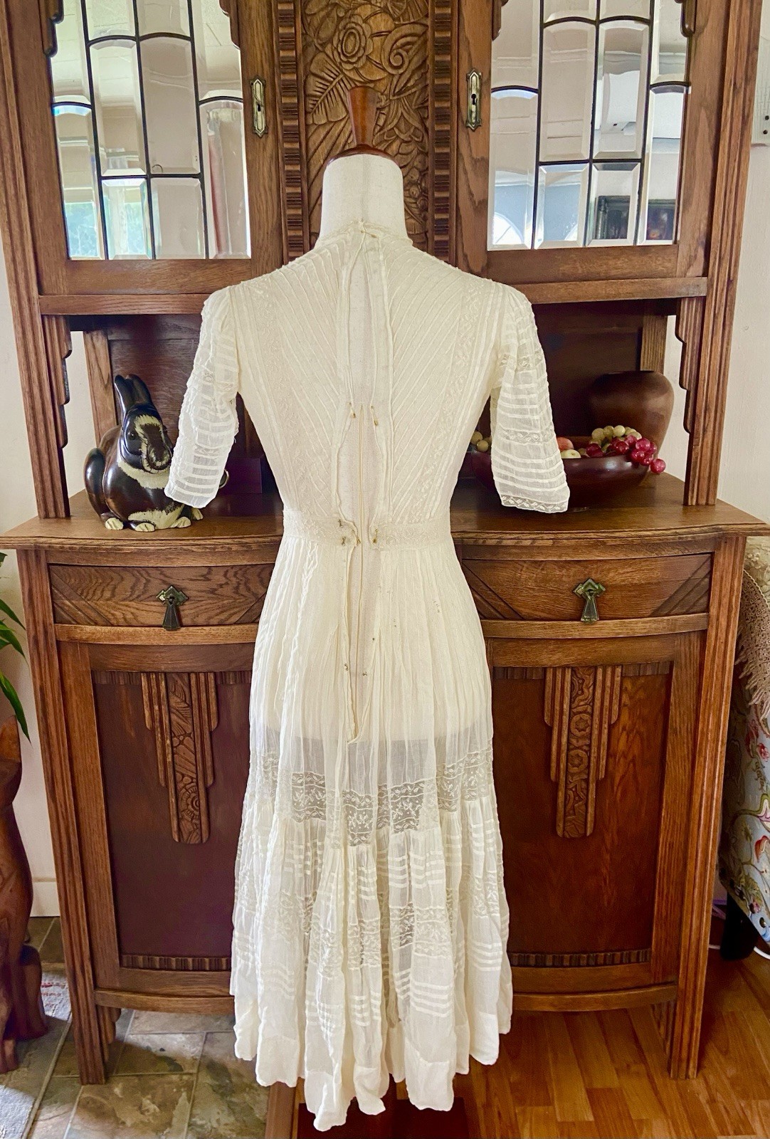 1907 Antique Embroidered Edwardian Era White Muslin Lace Dress “Hazel Slifir” 13