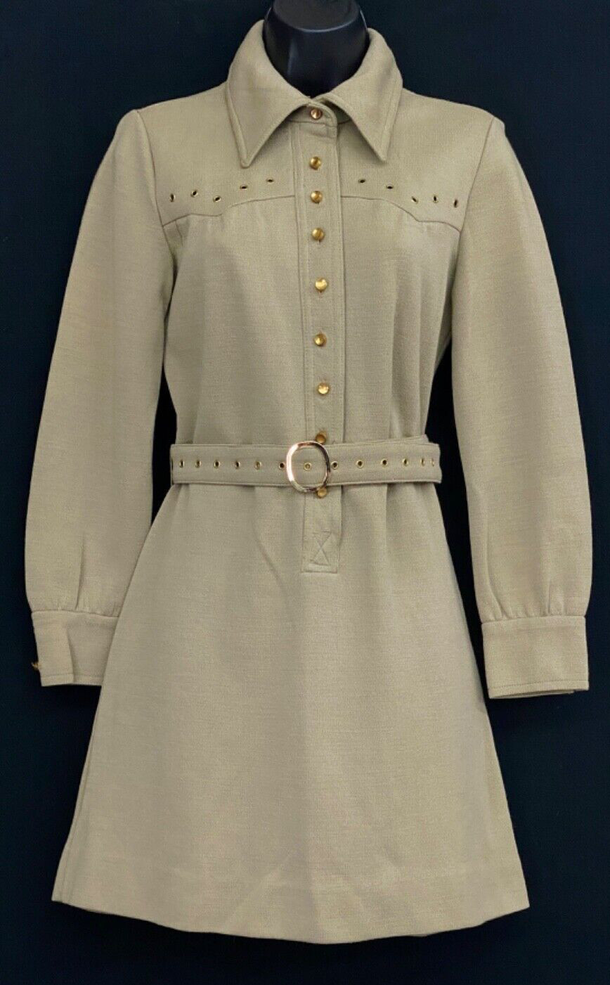 Vintage 1970s drab green mini dress long sleeve taupe neutral rivets fall winter