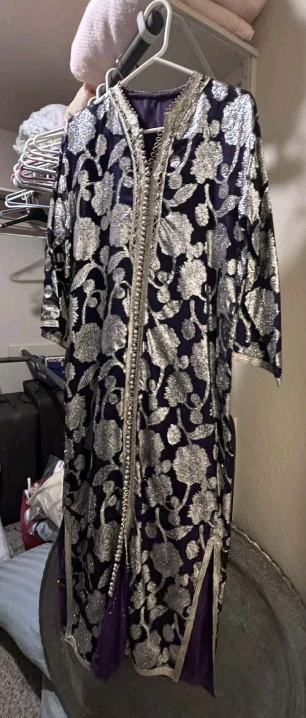 Gorgeous Vintage Moroccan Silk Caftan Heavy Silver Embroidery 1960’s