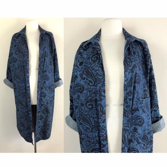 vintage 90s floral print denim shacket jacket dress long abstract paisley coat
