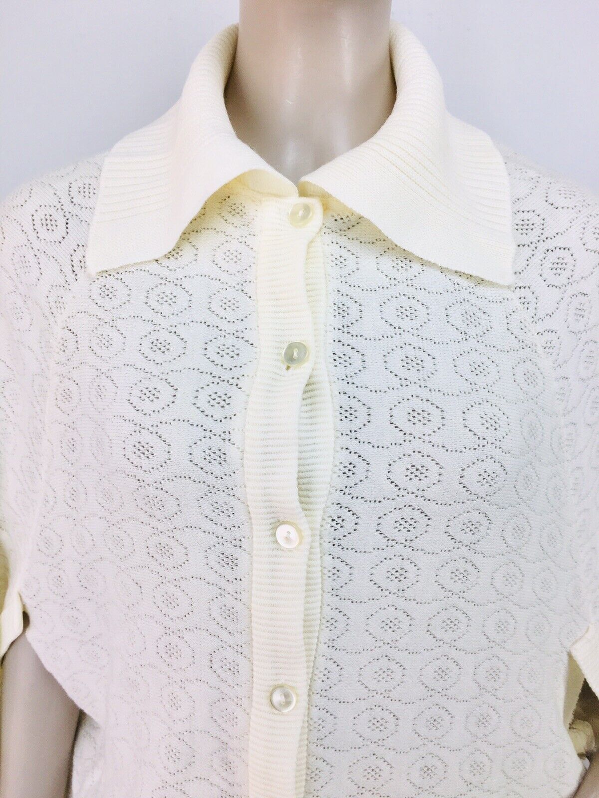 70s Vintage Ivory Crochet Knit Button-Down Poncho Cape Shawl Sweater