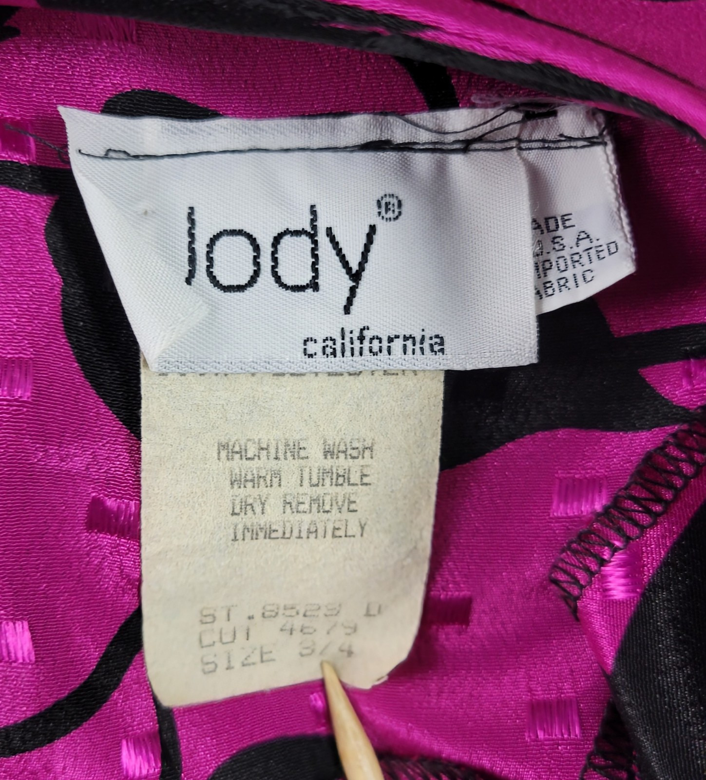 Vintage Jody of CA Pink & Black Faux Wrap Dress w Peplum & Tie Back Size 3/4