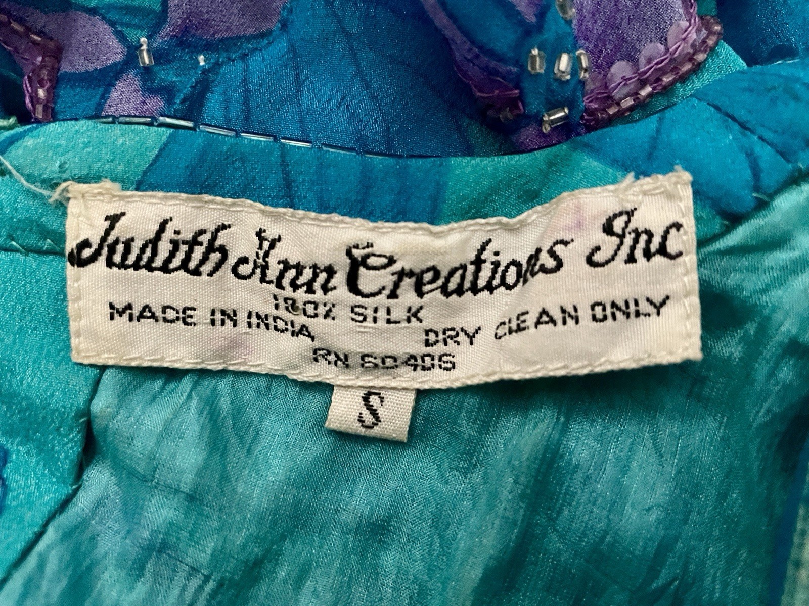 JUDITH ANN CREATIONS Vintage 80’s SILK Beaded TROPICAL Floral BLOUSE Size Small
