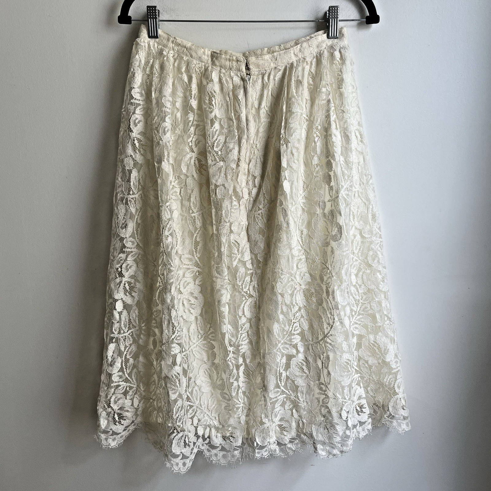 Vintage 70s Malbe Cream Lace Skirt A-Line Knee-Length ILGWU Coquette 27″ Small