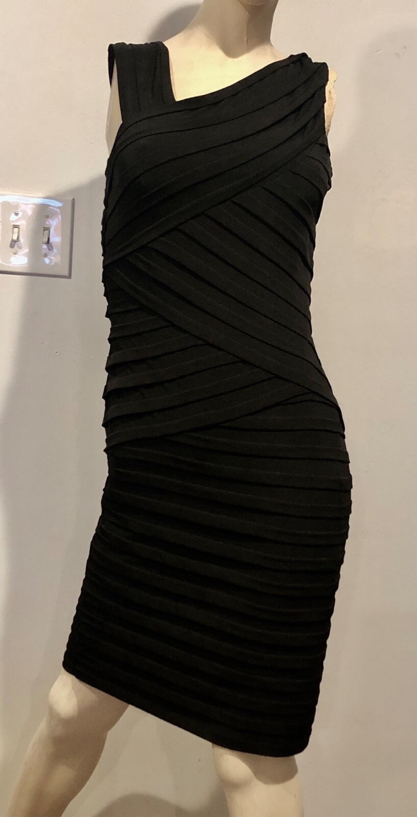 Vtg Y2K London Times Black Asymmetric Tank Stretch Bodycon Bandage Dress Sz 4