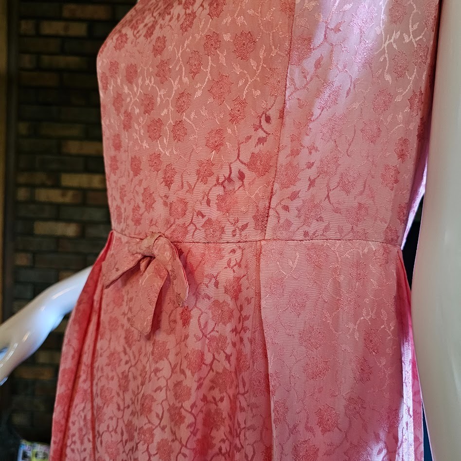 Vtg 60s Pink Brocade Empire Sleeveless Bridesmaid Formal Party Maxi Dress XS/S