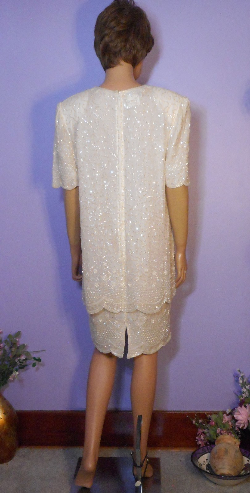 Vtg ‘80s Brilliante Winter White 100% Silk Sequined & Beaded Party Dress, L