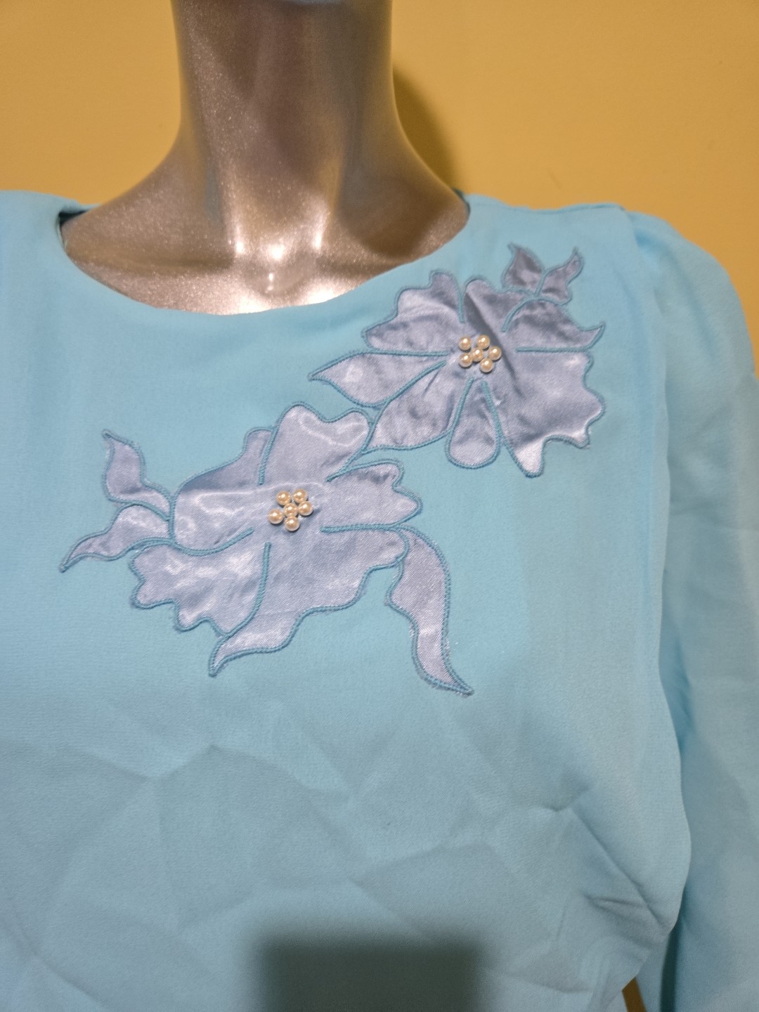 Vtg Mister Jay Semi Sheer Back & Front Blouson Floral Formal Dress Size 8 Blue
