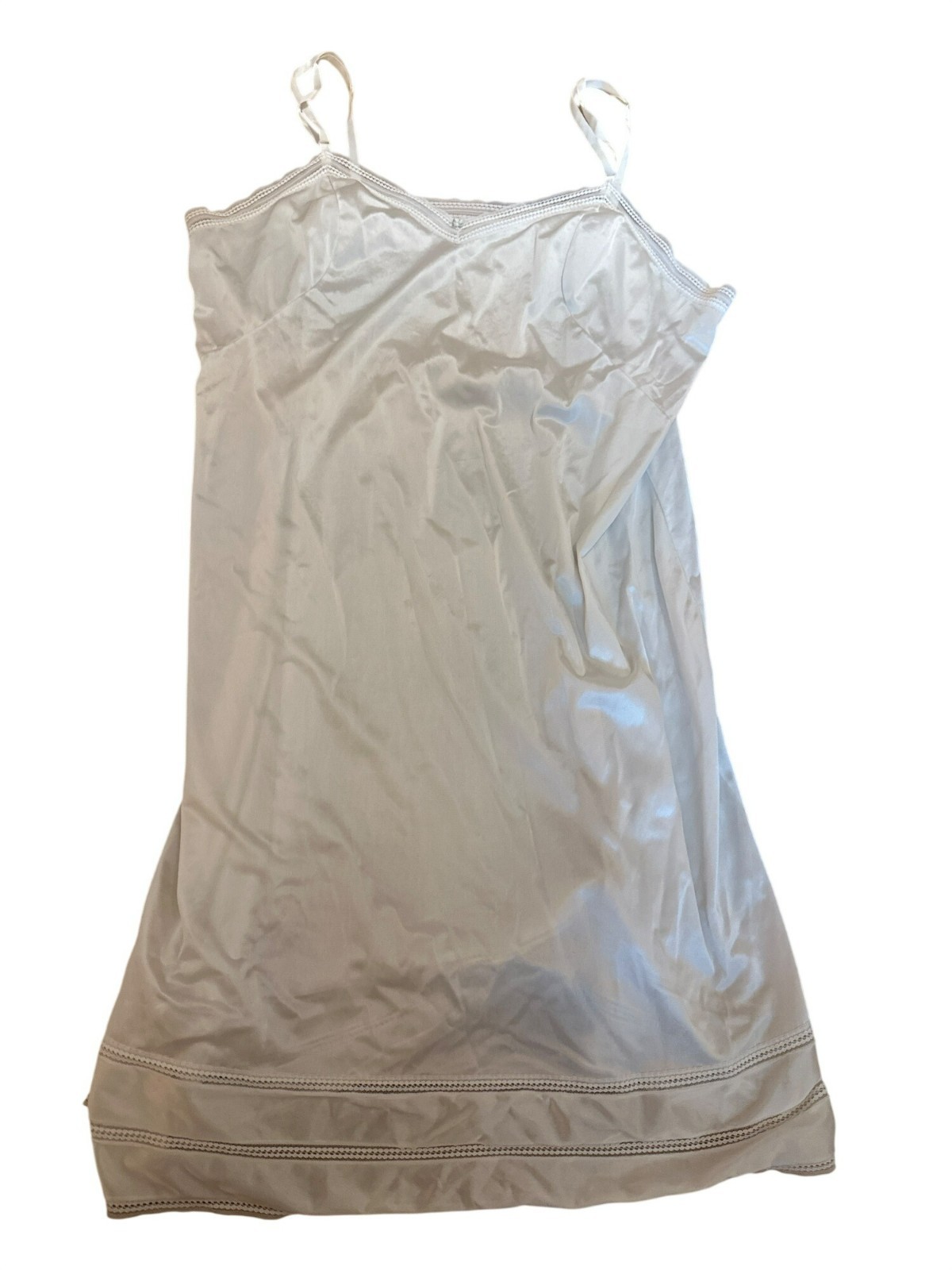 Vintage White Slip Dress M Lace Trim Floral Accent Spaghetti Straps Satin Sexy