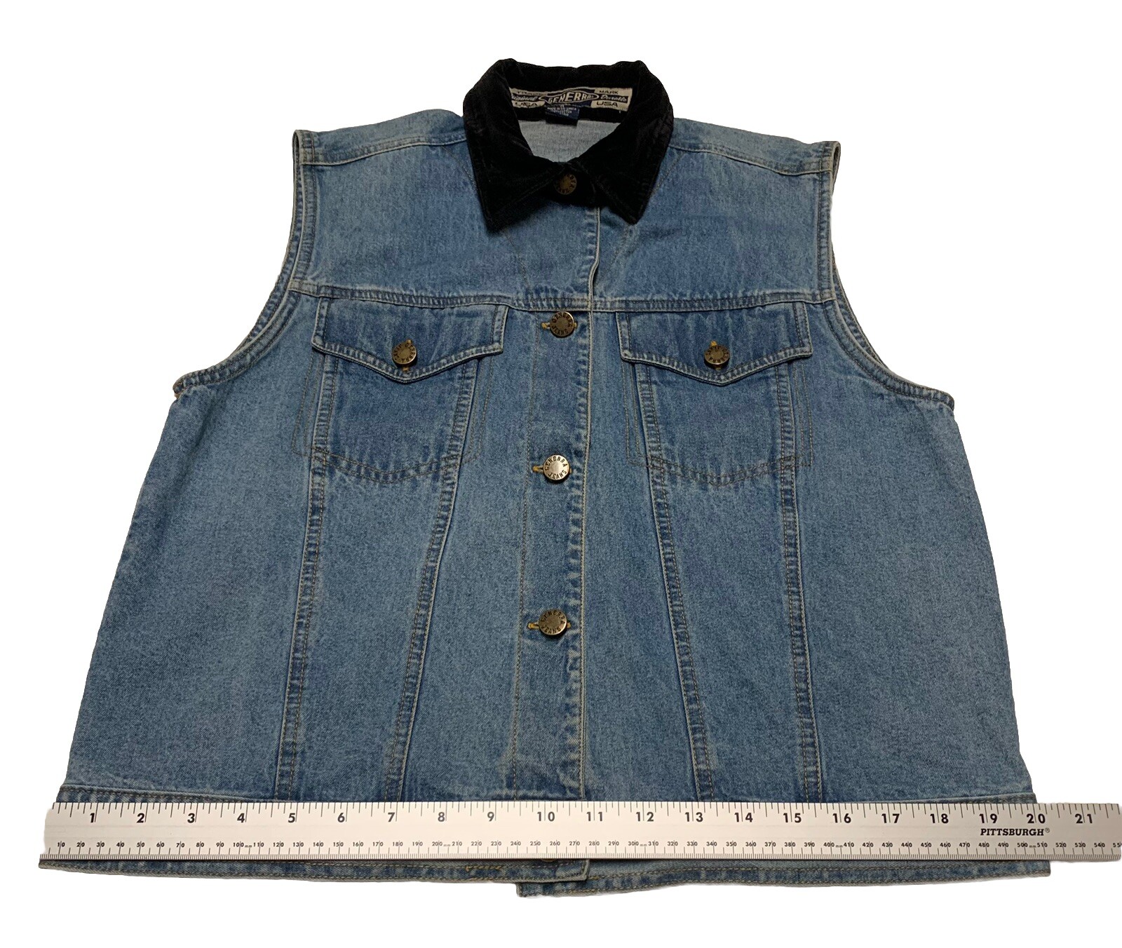 VTG 90s Generra Jean Vest Women’s Size M 100% Cotton Denim Black Velvet Collar