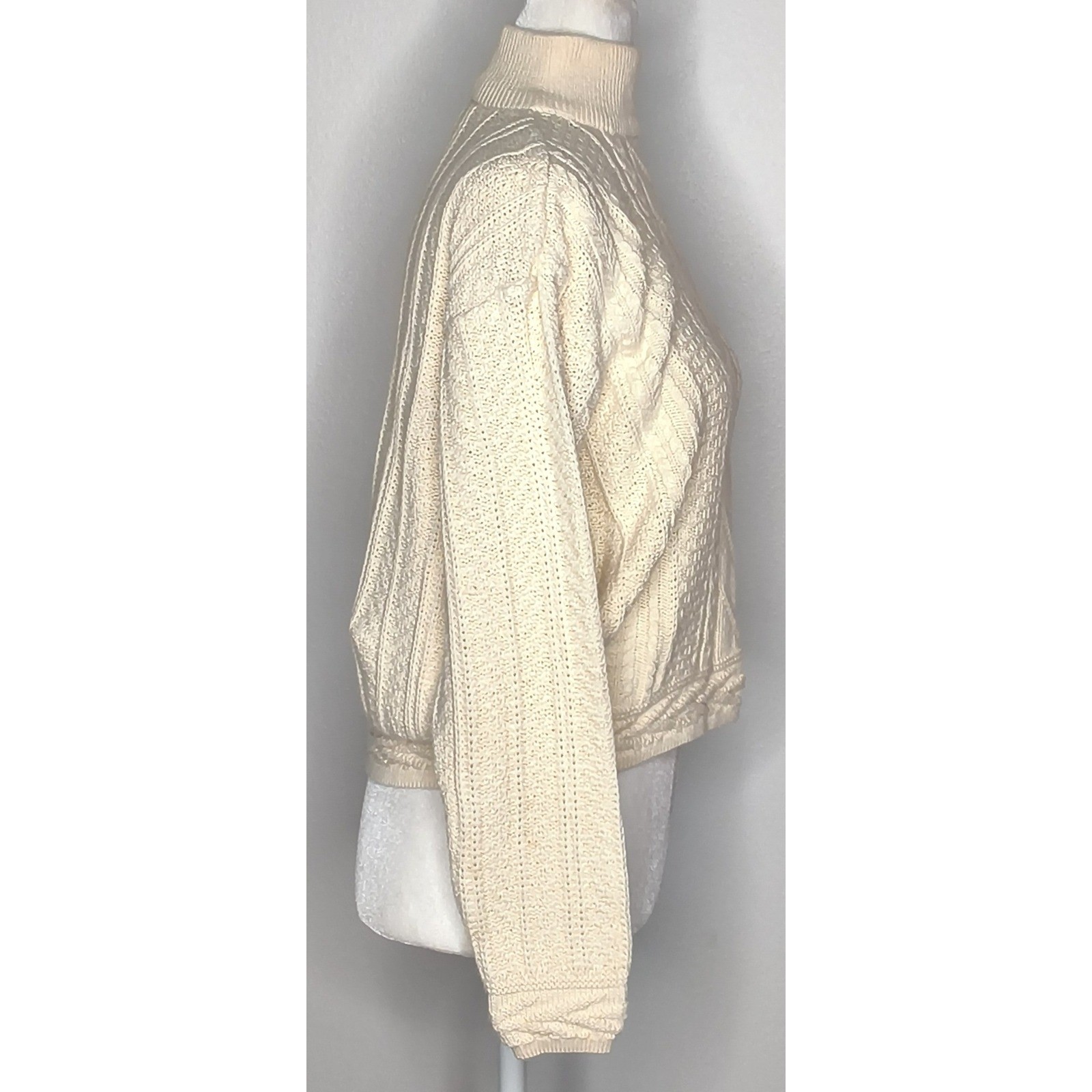 Cropped Fisherman Sweater Women Small Cream Vintage Soft Cable Mock Neck
