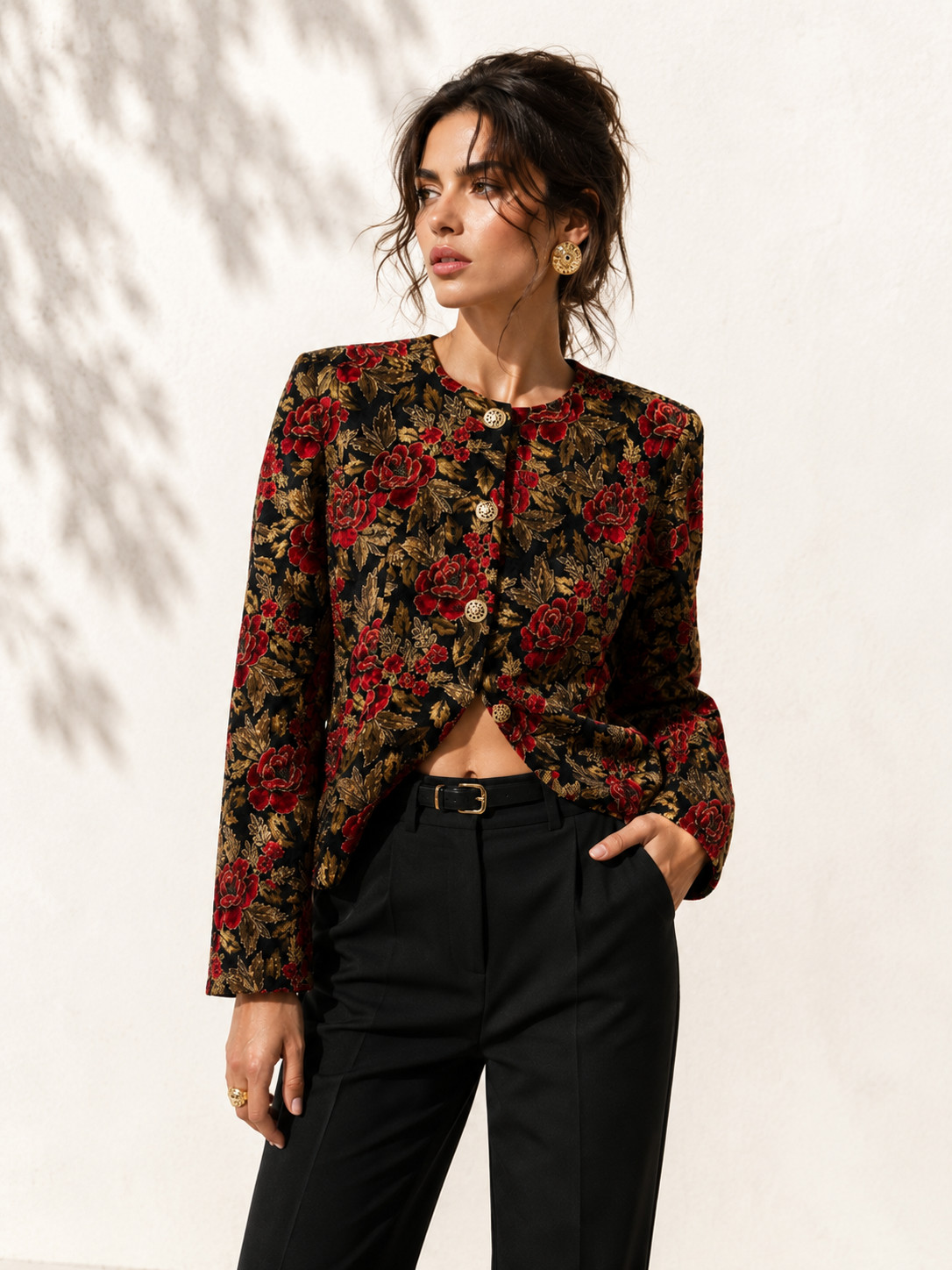 Vintage Baroque Floral Velvet Jacket Red Gold Black Tapestry Blazer Statement