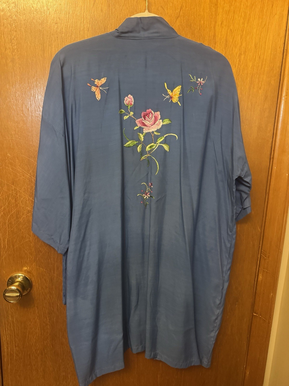 Vintage NOS Golden Bee Blue Kimono Style Robe Embroidered Butterfly Floral Large