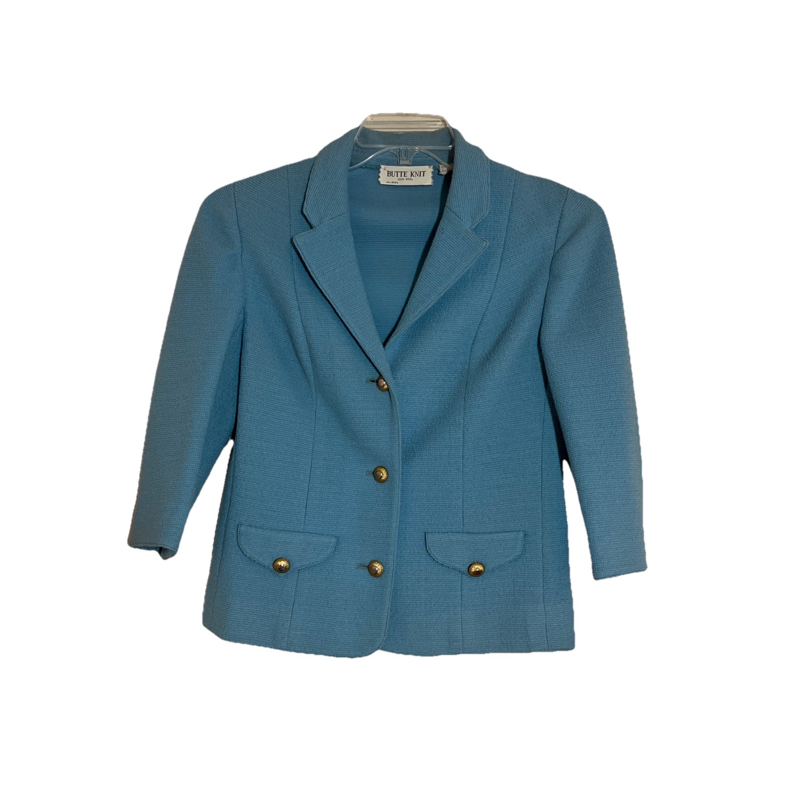 1960s Butte Knit Wool Suit Jacket Women’s S* Blue Gold Buttons 3/4 Sleeve Classy