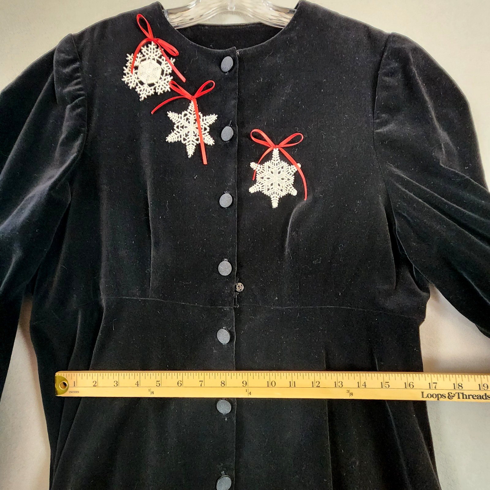 Holiday Dress Black Velvet w/Snowflake Appliqué Red Bows Button Front Long
