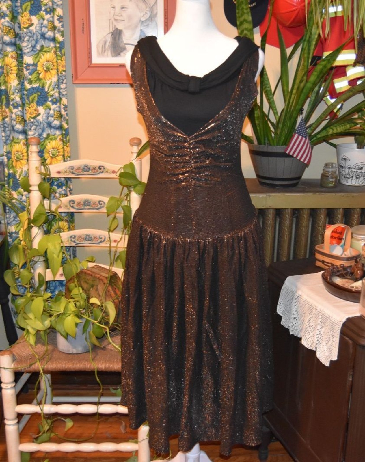 Vintage 1960s Wiggle Dress with 1980s Sheer Bronze Overlay A-Line Dress XS