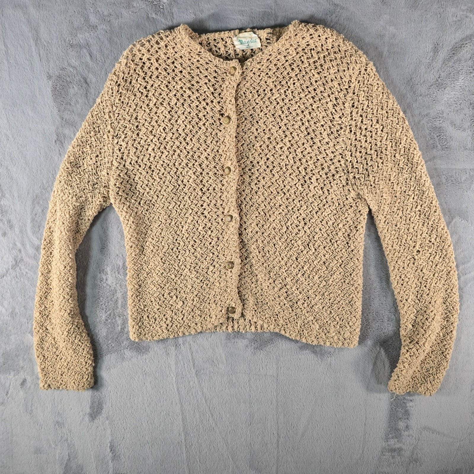 Vintage 1960s Majestic Women’s Boho Open Knit Button-Front Cardigan Sweater (M)