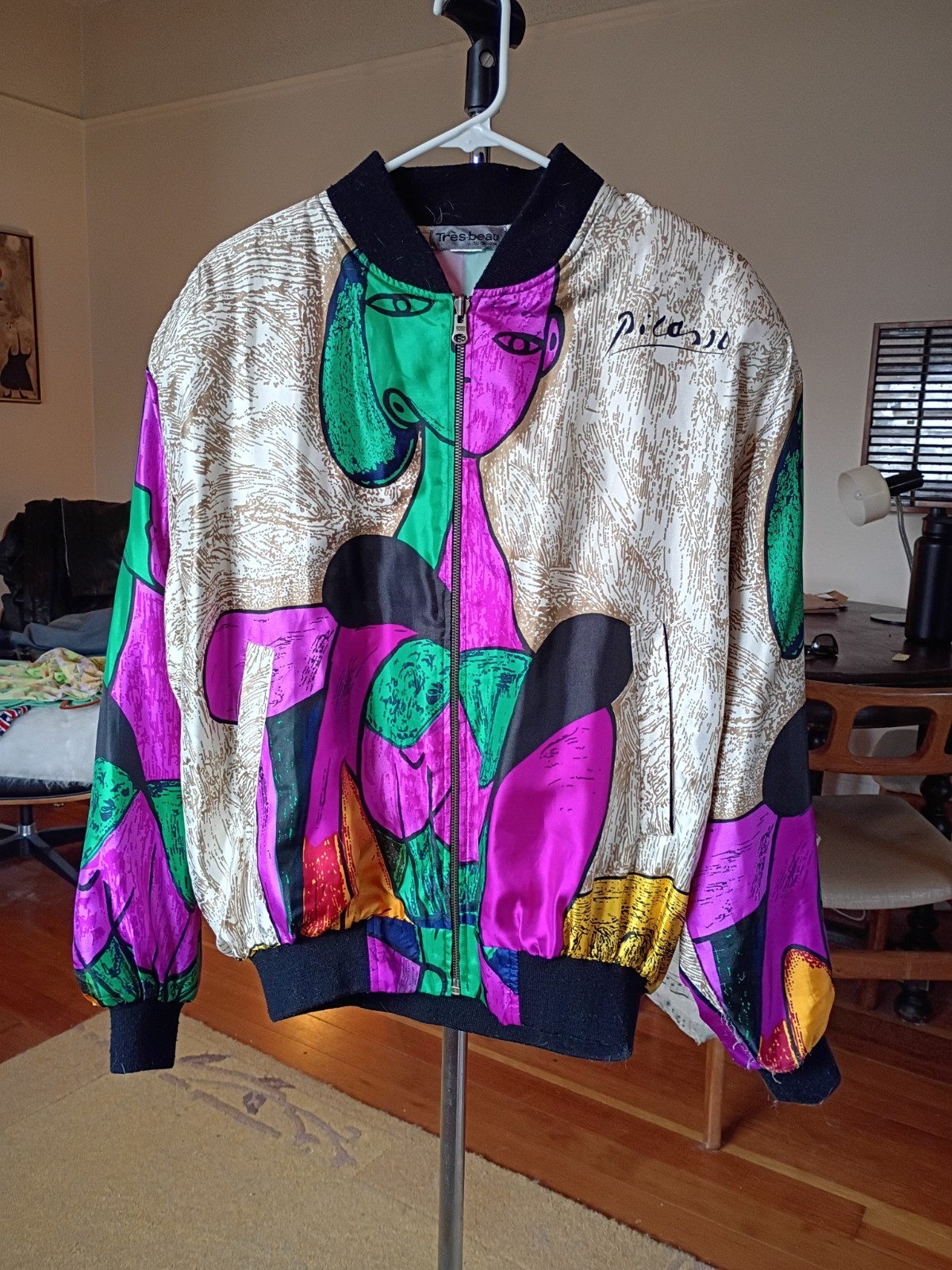Vintage Picasso Inspired Abstract Art Bomber Jacket Blue Multicolor Korea
