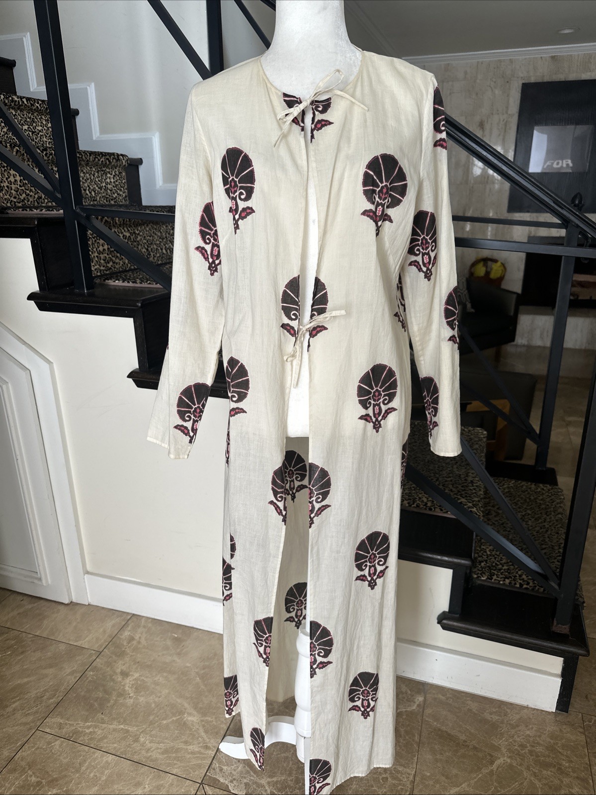 Muriel Brandolini VTG Graphic Print Long Cotton Tied Kaftan For Beach/Lounging S