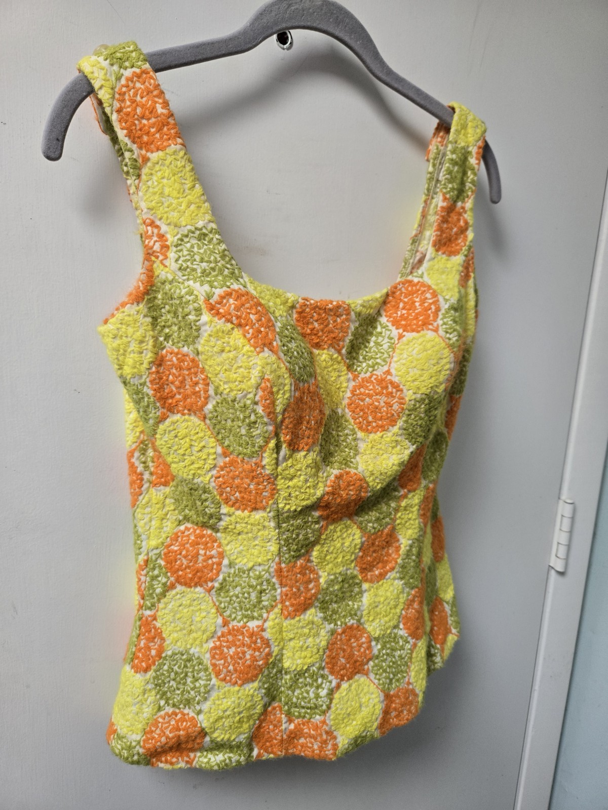 Vintage Bathing Suit Mod Green Orange Yellow Dots 2 Piece 34 Sz 12 M 1960s 70s