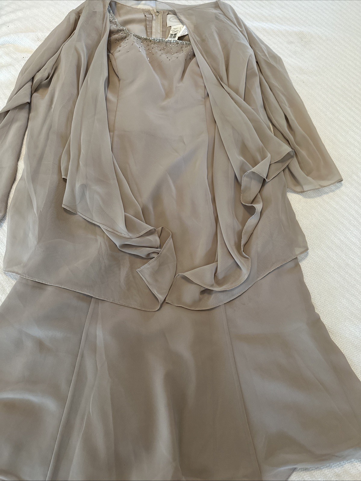 Vtg Taupe Formal Beaded Dress W/Sheer Jacket Sz 14 MOB Cruise Wedding